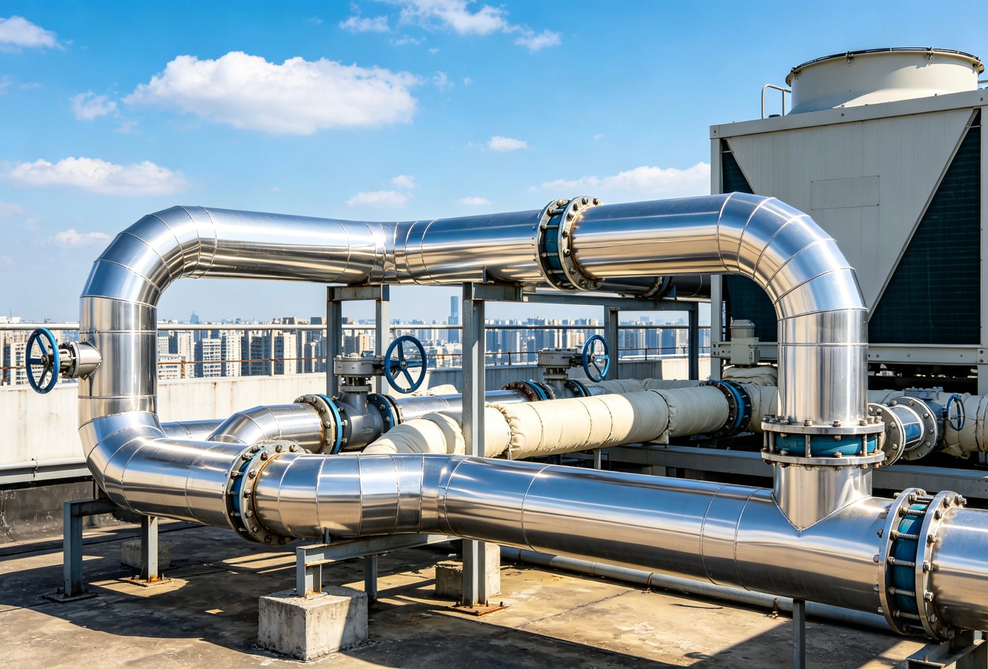 HVAC chilled water and heating piping on rooftop