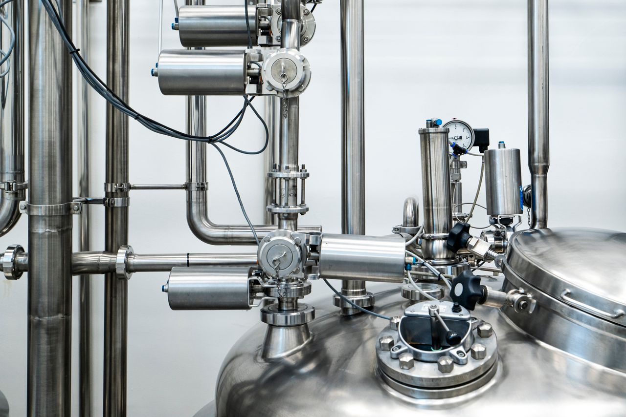 Industrial processing plant with stainless valves and instrumentation